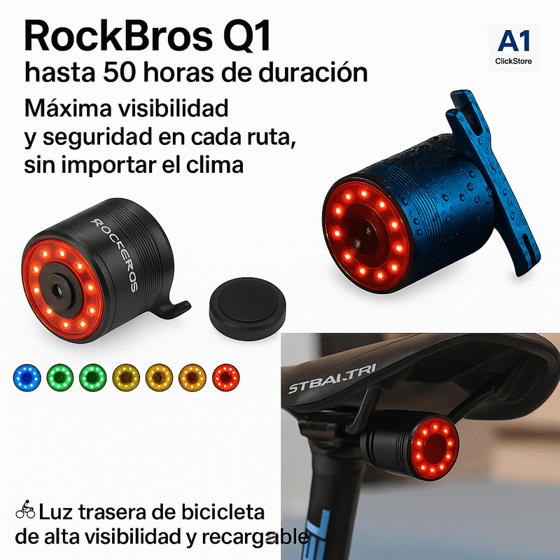 🔦 Luz trasera de bicicleta 🚴‍♂️de alta visibilidad y recargable (ROCKBROS Q1) + Envió Gratis.